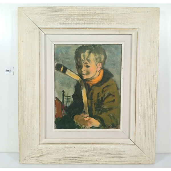 BOY W/ HOCKEY STICK BY WILLIAM WINTER - FRAMED OIL ON BOARD