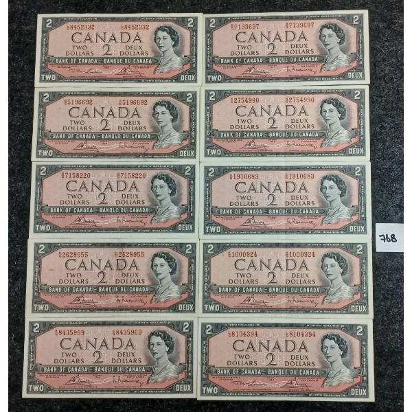 LOT OF 10 - 1954 CDN $2 BANKNOTES 