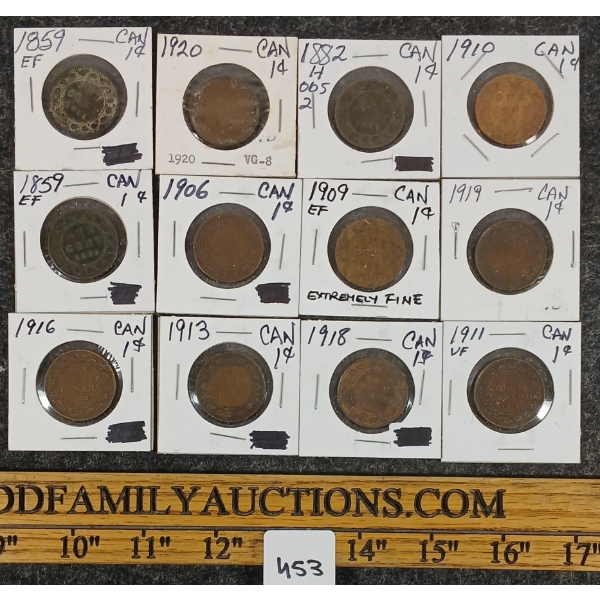 LOT OF 12 - 1859-1920 CDN 1 CENT COINS