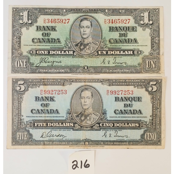 1937 CDN $1 & $5 BANKNOTES
