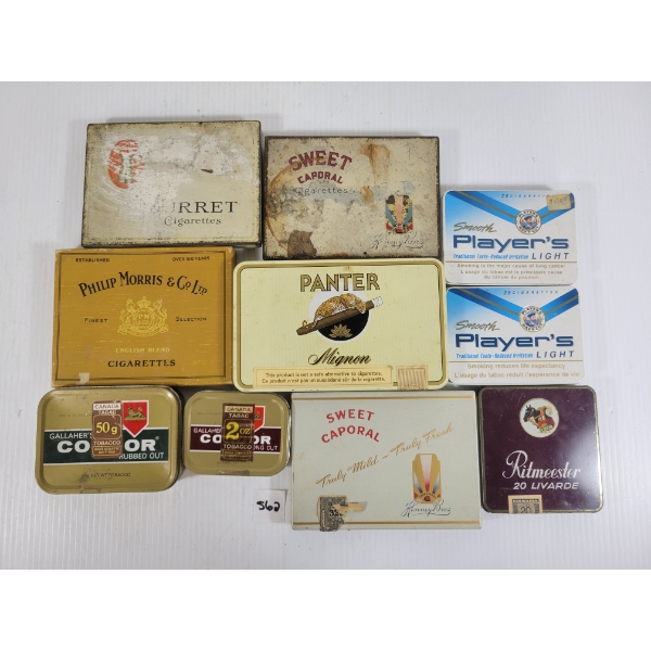 LOT OF 10 - MISC CIGAR & CIGARETTE TINS - INCL PANTER, PLAYER'S & RITMEESTER, ETC.