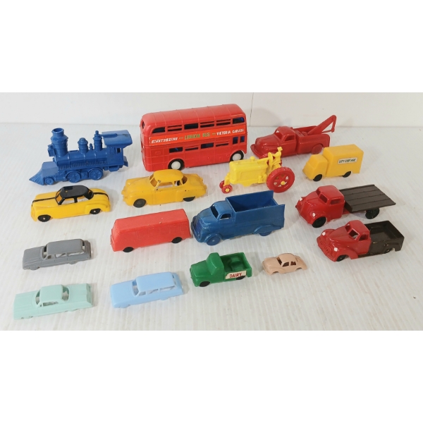 LOT OF 16 - PLASTIC VEHICLES - INCL MARX & FRICTION BUS