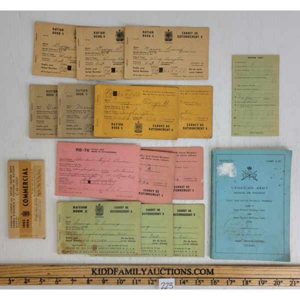 LOT OF 16 - WWII CDN BOOKLETS - INCL ARMY MANUAL OF TRAINING, RATION BOOKS, GAS LICENCE, ETC