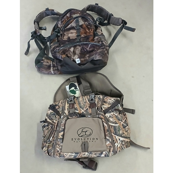 LOT OF 2 - EVOLUTION WATERFOWL HUNTING MOSSY OAK FANNY BAG & TIMBER RIDGE BACKPACK