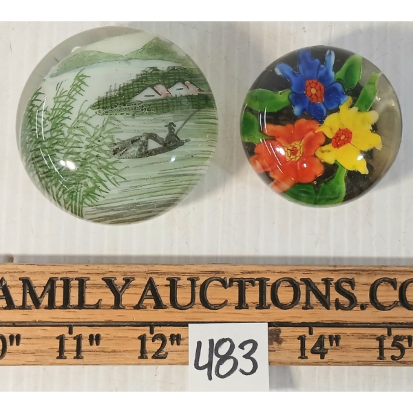 LOT OF 2 - VINTAGE FLORAL & CHINESE PAINTED GLASS PAPERWEIGHTS