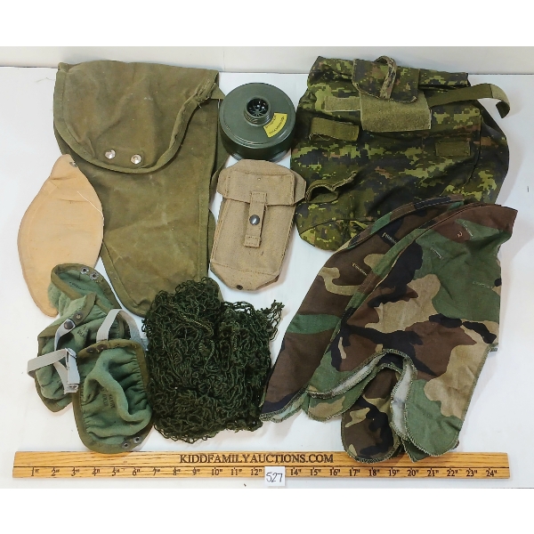 LOT OF 11 - WWII U.S. GAS MASK COVER, FILTER, HELMET NET & COVERS, ETC