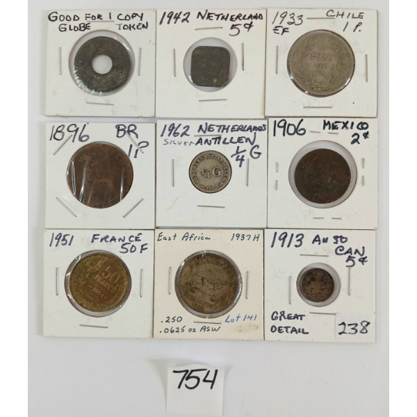 LOT OF 9 - WORLD COINS - INCL EAST AFRICA, NETHERLANDS, FRNACE, ETC