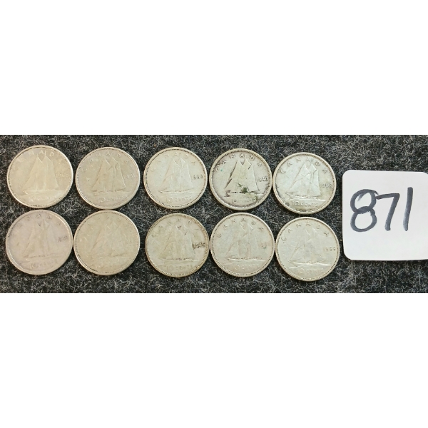 LOT OF 10 - 1940-1966 CDN 10 CENT COINS