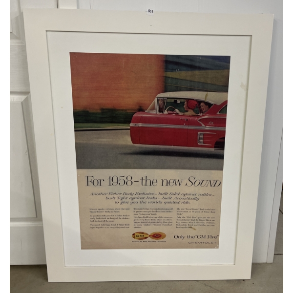 1958 CHEVY "THE NEW SOUND" FRAMED ADVERTISEMENT