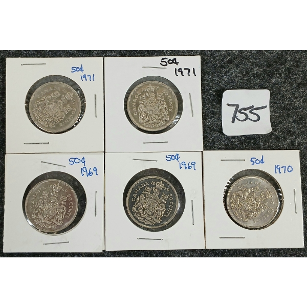 LOT OF 5 - 1969-1971 CDN 50 CENT COINS