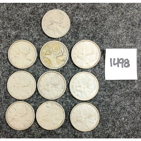 LOT OF 10 - 1938-1966 CDN 25 CENT SILVER COINS