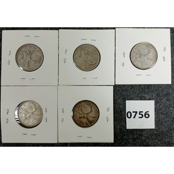 LOT OF 5 - 1940-1966 CDN SILVER 25 CENT COINS 