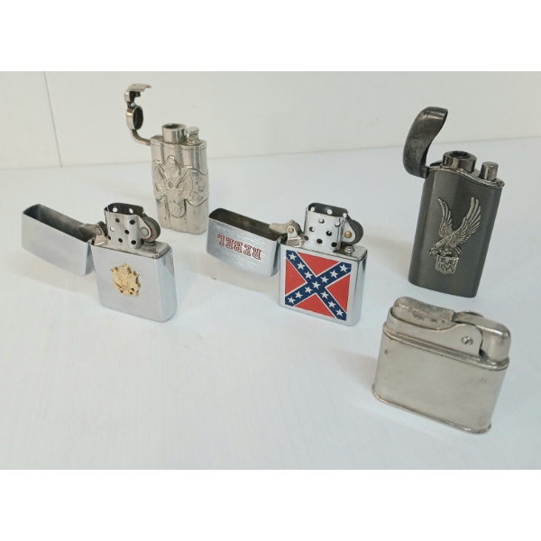 LOT OF 5 - LIGHTERS - EAGLP FLYING EAGLE, EVER-READY WEST GERMAN MAP, AMERICAN EAGLE, ETC