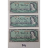 Image 1 : LOT OF 3 - 1954 CDN $1 UNCIRC. SEQUENTIAL BANKNOTES