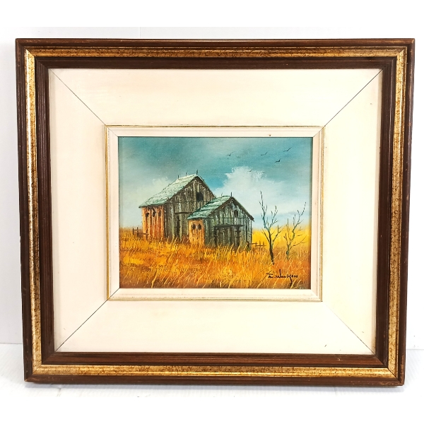 BARN LANDSCAPE BY EVERETT WOODSON (PRS AMERICAN ARTIST) - FRAMED OIL ON BOARD