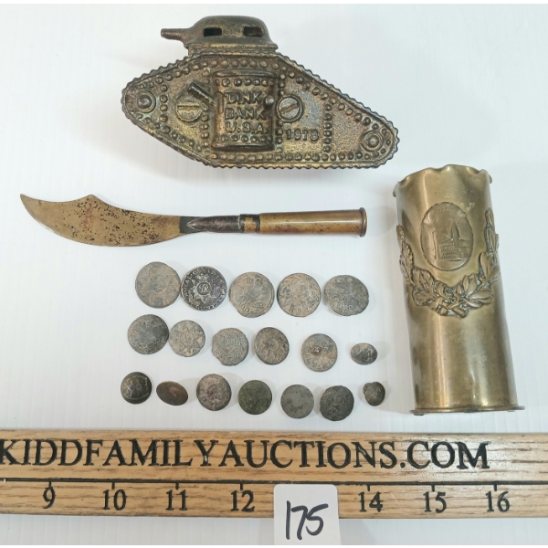 JOB LOT - TRENCH ART VASE & LETTER OPENER, CDN UNIFORM BUTTONS & 1918 U.S. TANK COIN BANK