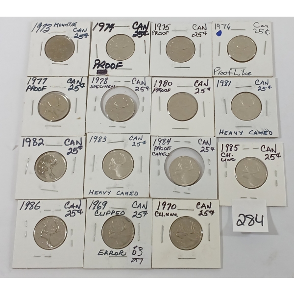 LOT OF 15 - CDN 25 CENT COINS - INCL 1969, 1970, 1973 & 1974 ETC