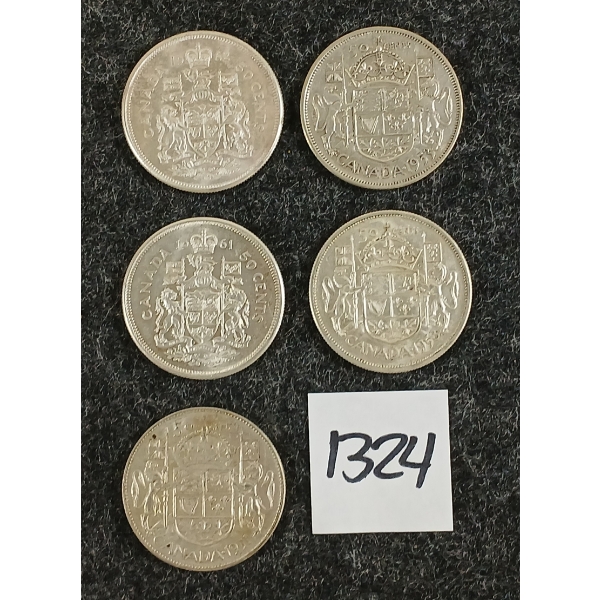 LOT OF 5 - 1951-1962 CDN 50 CENT SILVER COINS