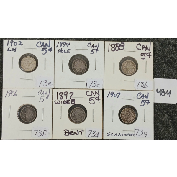LOT OF 6 - 1888-1907 CDN SILVER 5 CENT COINS 