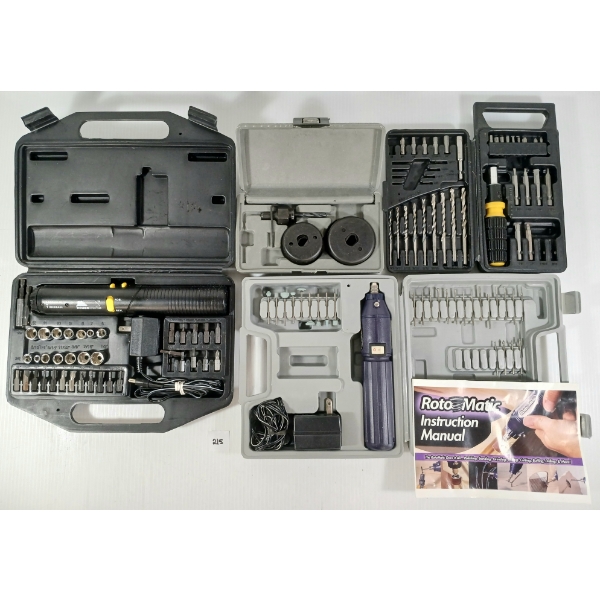 LOT OF 4 - HOUSEWORKS CORDLESS SCREWDRIVER, ROTO-MATIC ROTARY TOOL & DRILL BIT KITS
