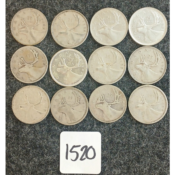 LOT OF 12 - 1937-1962 CDN 25 CENT COINS