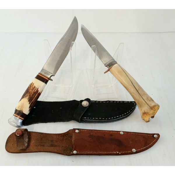 LOT OF 2 - DEER BONE & ANTLER HANDLE KNIVES W/ SHEATHS