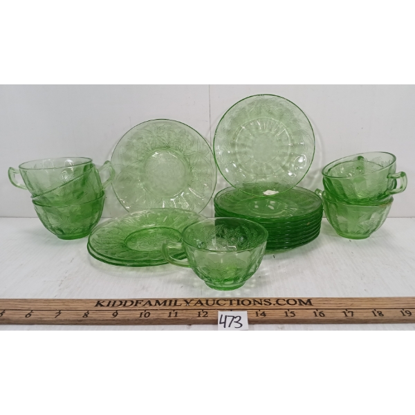 LOT OF 19 - JEANNETTE POINSETTIA URANIUM DEPRESSION GLASSWARE - TEACUPS & SAUCERS