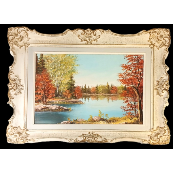 AUTUMN LAKE BY ORVOKKI JALAVA (FINNISH/CDN ARTIST) - FRAMED OIL ON CANVAS