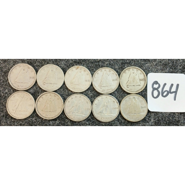 LOT OF 10 - 1937-1966 CDN 10 CENT COINS