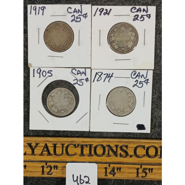LOT OF 4 - 1874-1921 CDN 25 CENT COINS 