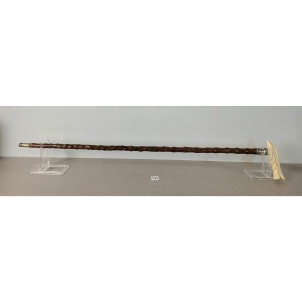 STERLING SILVER & HORN CARVED CANE 