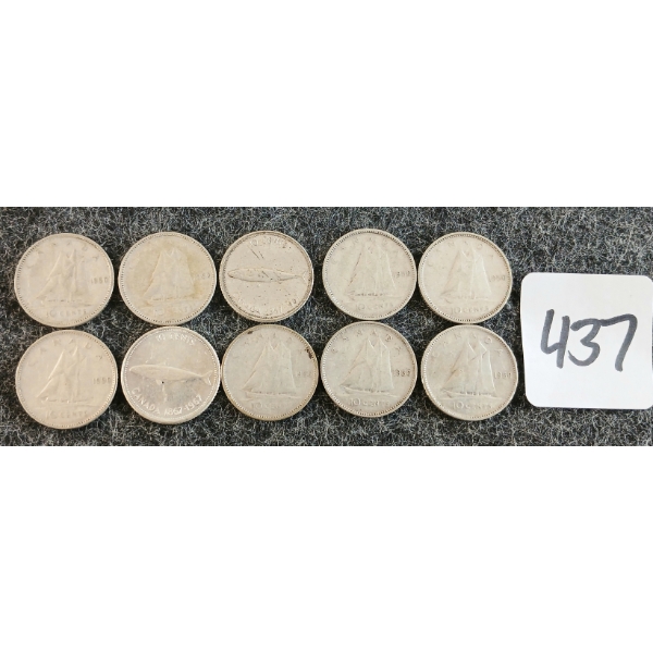 LOT OF 10 - 1950-1967 CDN 10 CENT COINS