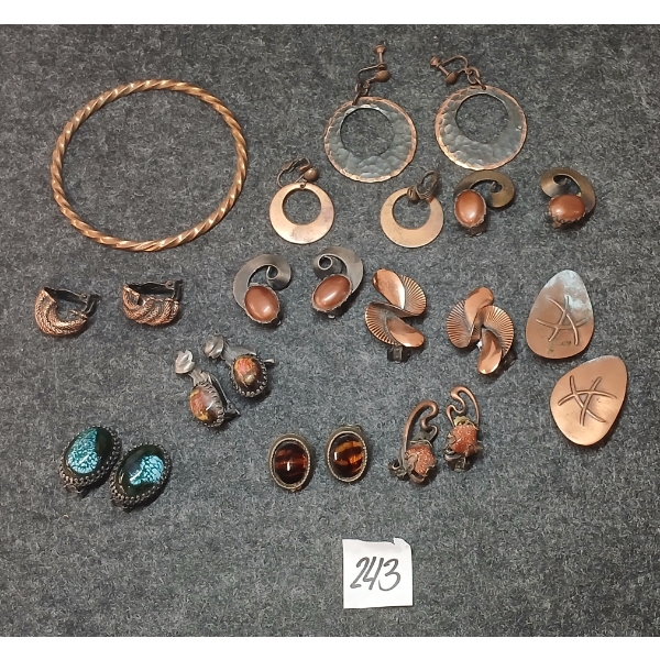 LOT OF 12 - COPPER BRACELET & WESTERN STYLE CLIP-ON EARRINGS - C. 1960'S / 1970'S