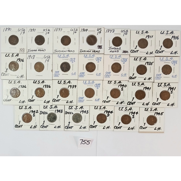 LOT OF 27 - 1890-1945 LINCOLN & INDIAN HEAD PENNIES