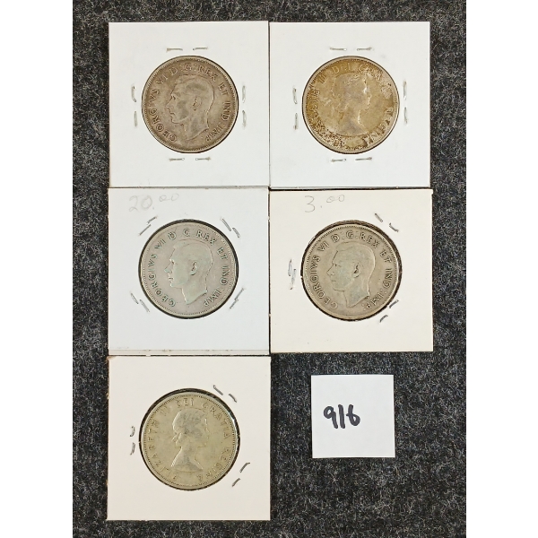 LOT OF 5 - 1943-1958 CDN 50 CENT SILVER COINS