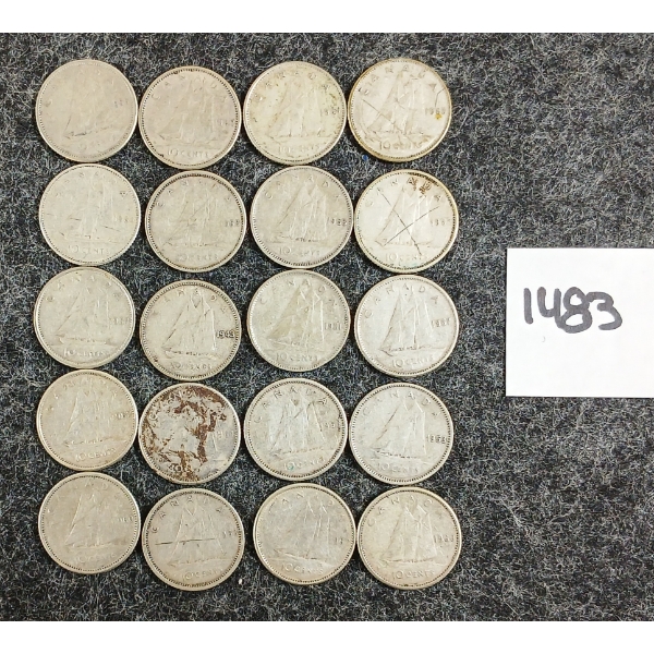 LOT OF 20 - 1943-1966 CDN 10 CENT SILVER COINS