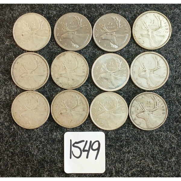 LOT OF 12 - 1953-1978 CDN 25 CENT COINS 