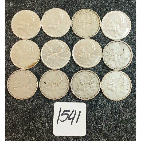 LOT OF 12 - 1955-1968 CDN 25 CENT COINS 