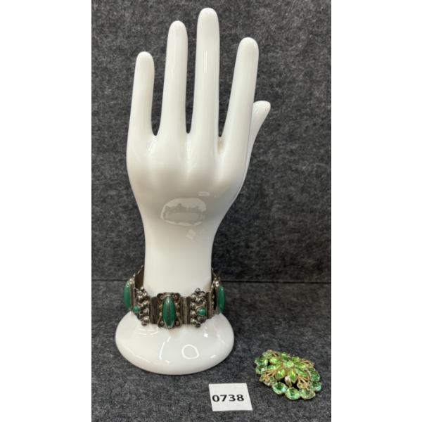 LOT OF 2 - HAND CRAFTED SS BRACELET & EMERALD (?) NECKLACE PENDANT 