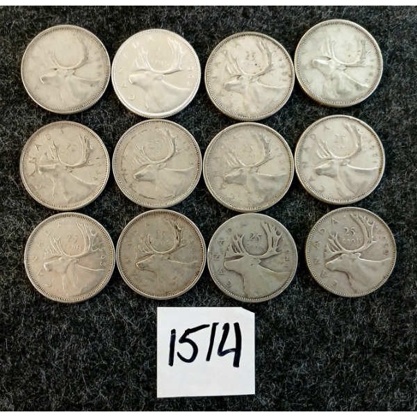 LOT OF 12 - 1941-1965 CDN 25 CENT COINS