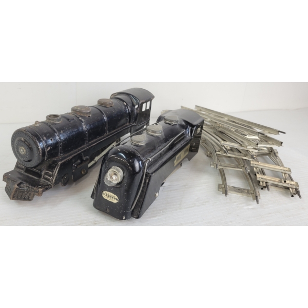 LOT OF 3 - PRESSED STEEL TRAINS & QTY OF TRACKS - INCL MARX
