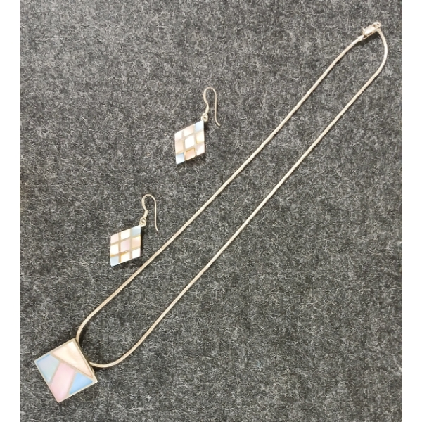LOT OF 2 - STERLING SILVER PASTEL INLAY NECKLACE W/ PAIR OF EARRINGS