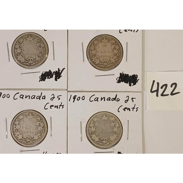 LOT OF 4 - 1900 CDN 25 CENT SILVER COINS