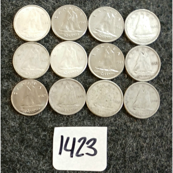 LOT OF 12 - 1943-1968 CDN 10 CENT COINS