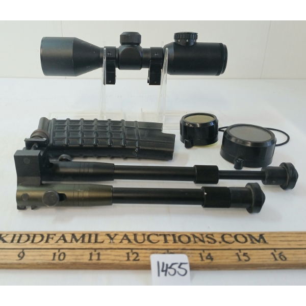 LOT OF 3 - AIRSOFT RIFLE MAG, BIPOD & SWISS ARMS 5X42E SCOPE