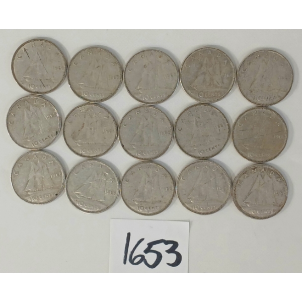 LOT OF 15 - 1968 CDN 10 CENT SILVER COINS