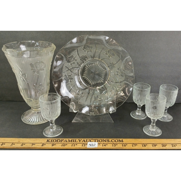 LOT OF 6 - JEANNETTE GLASS IRIS & HERRINGBONE VASE, EGG CUPS & BOWL