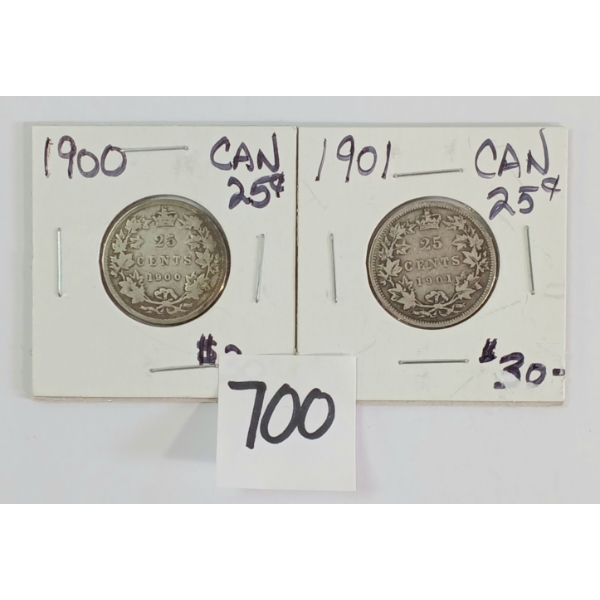 LOT OF 2 - 1900 & 1901 CDN 25 CENT SILVER COINS