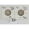 LOT OF 2 - 1900 & 1901 CDN 25 CENT SILVER COINS