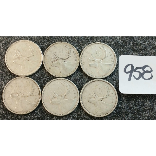 LOT OF 6 - 1943-1965 CDN 25 CENT COINS